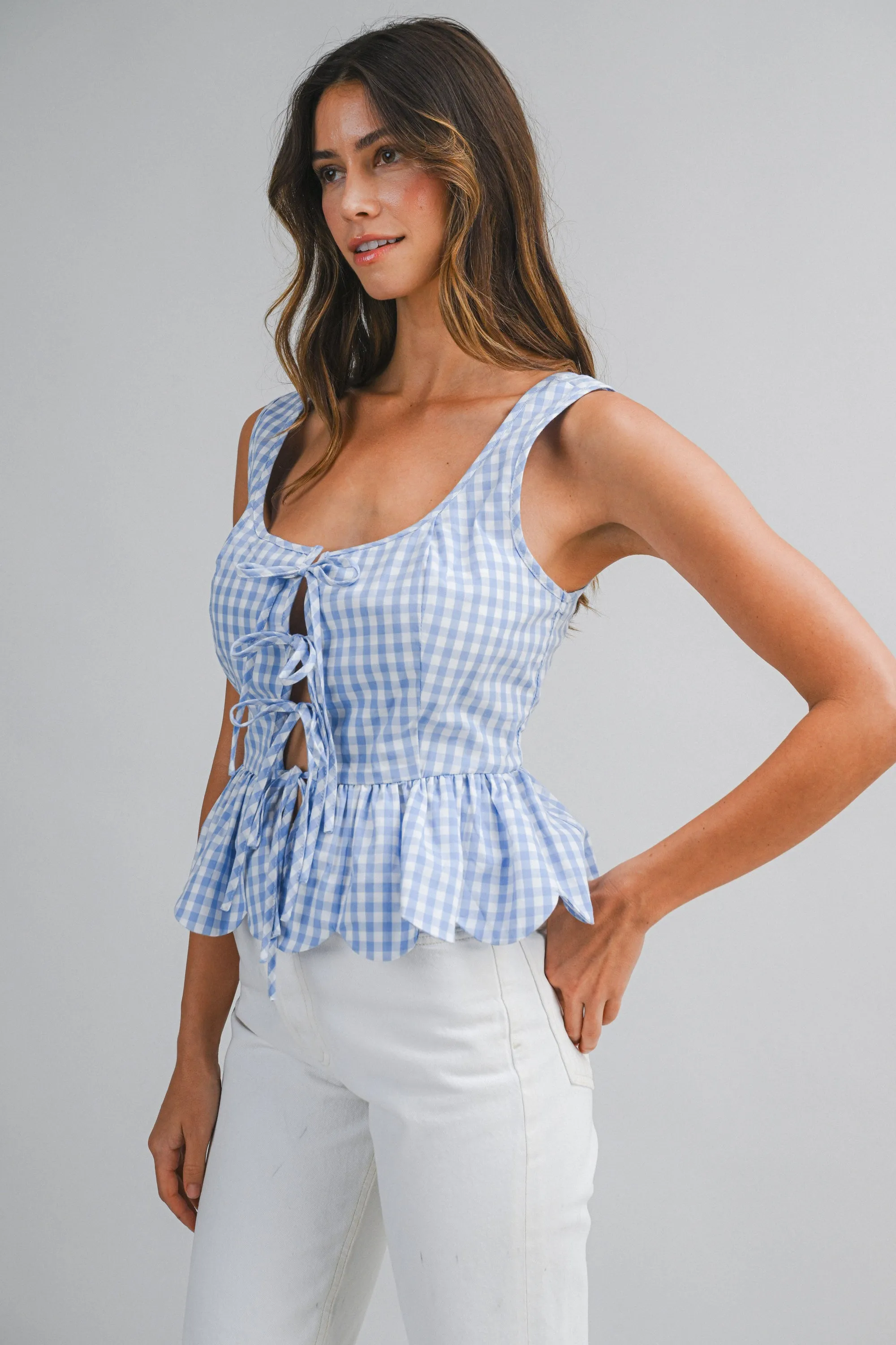 KENNEDY BOW DETAILED GINGHAM PLAID PEPLUM TOP sold by MABLE product image thumbnail 3