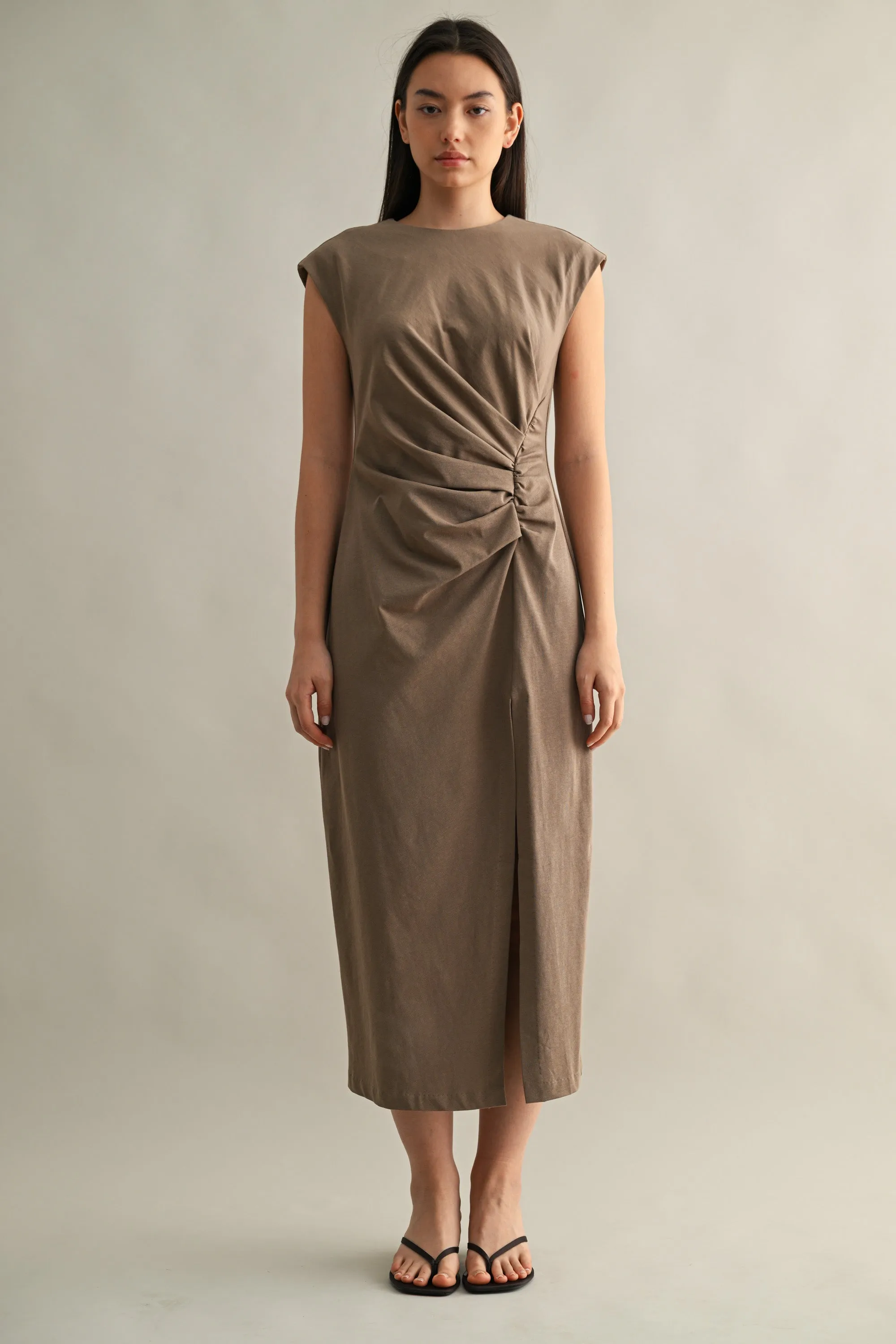 HAZEL RUCHED MIDI DRESS sold by MABLE