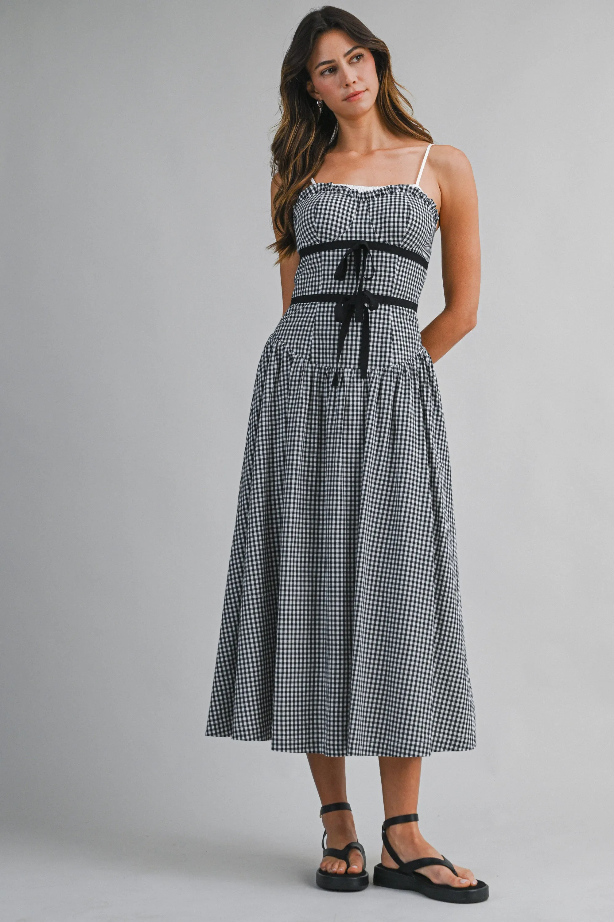 ZENDAYA GINGHAM BOW TIED MIDI DRESS sold by MABLE