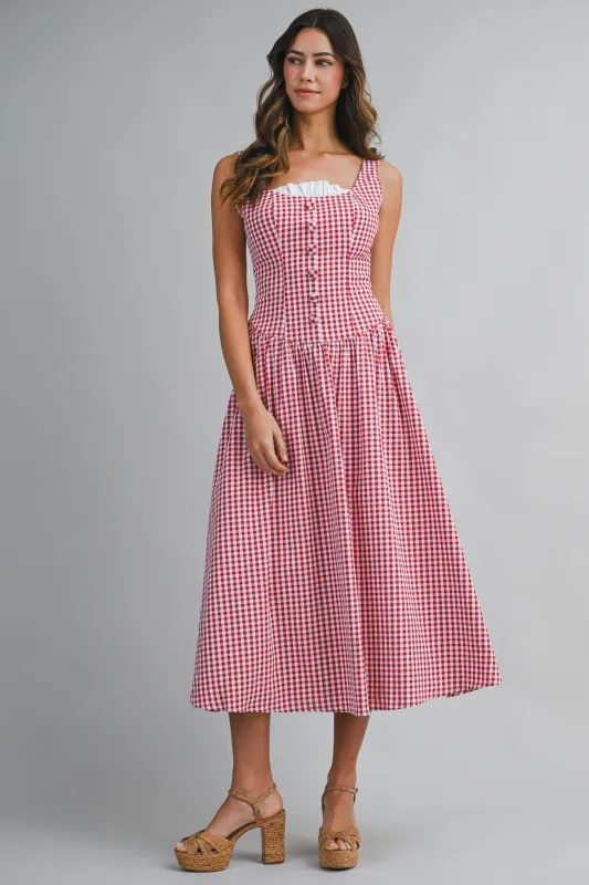 MIRACLE GINGHAM BUTTON FRONT MIDI DRESS made by MABLE
