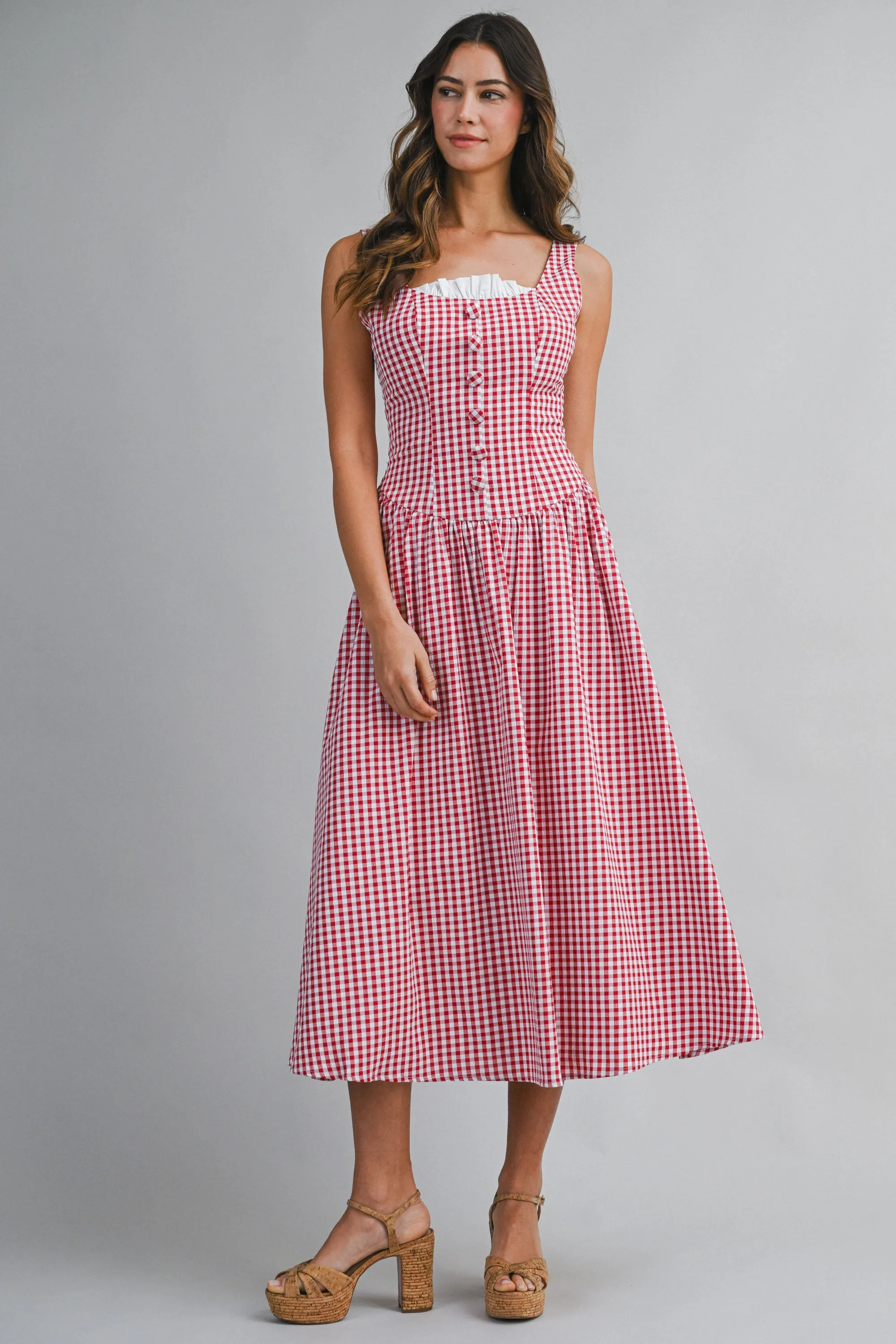 MIRACLE GINGHAM BUTTON FRONT MIDI DRESS sold by MABLE