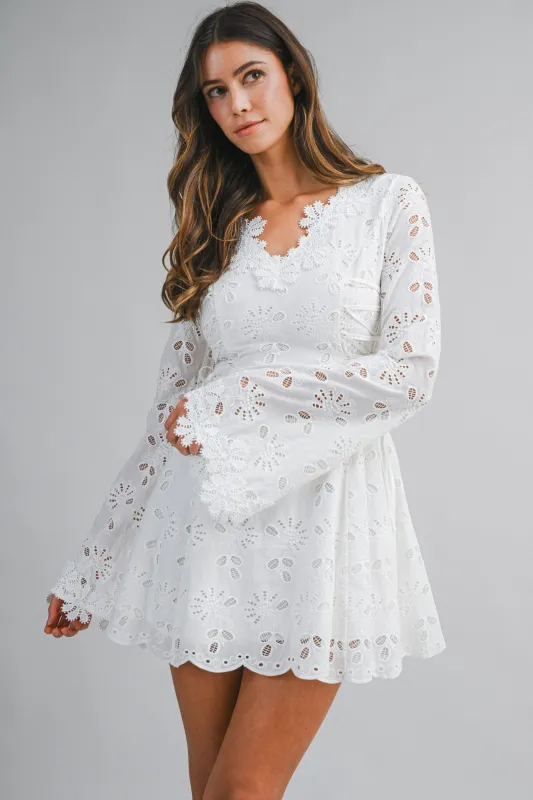 VONNI LACE TRIM EYELET LONG SLEEVES MINI DRESS made by MABLE