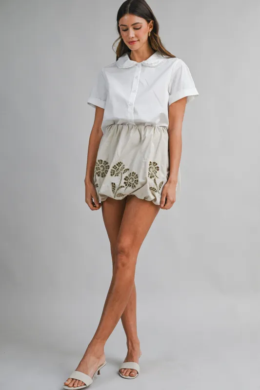 CURSTIN EMBROIDERY BUBBLE HEM MINI SKIRT made by MABLE