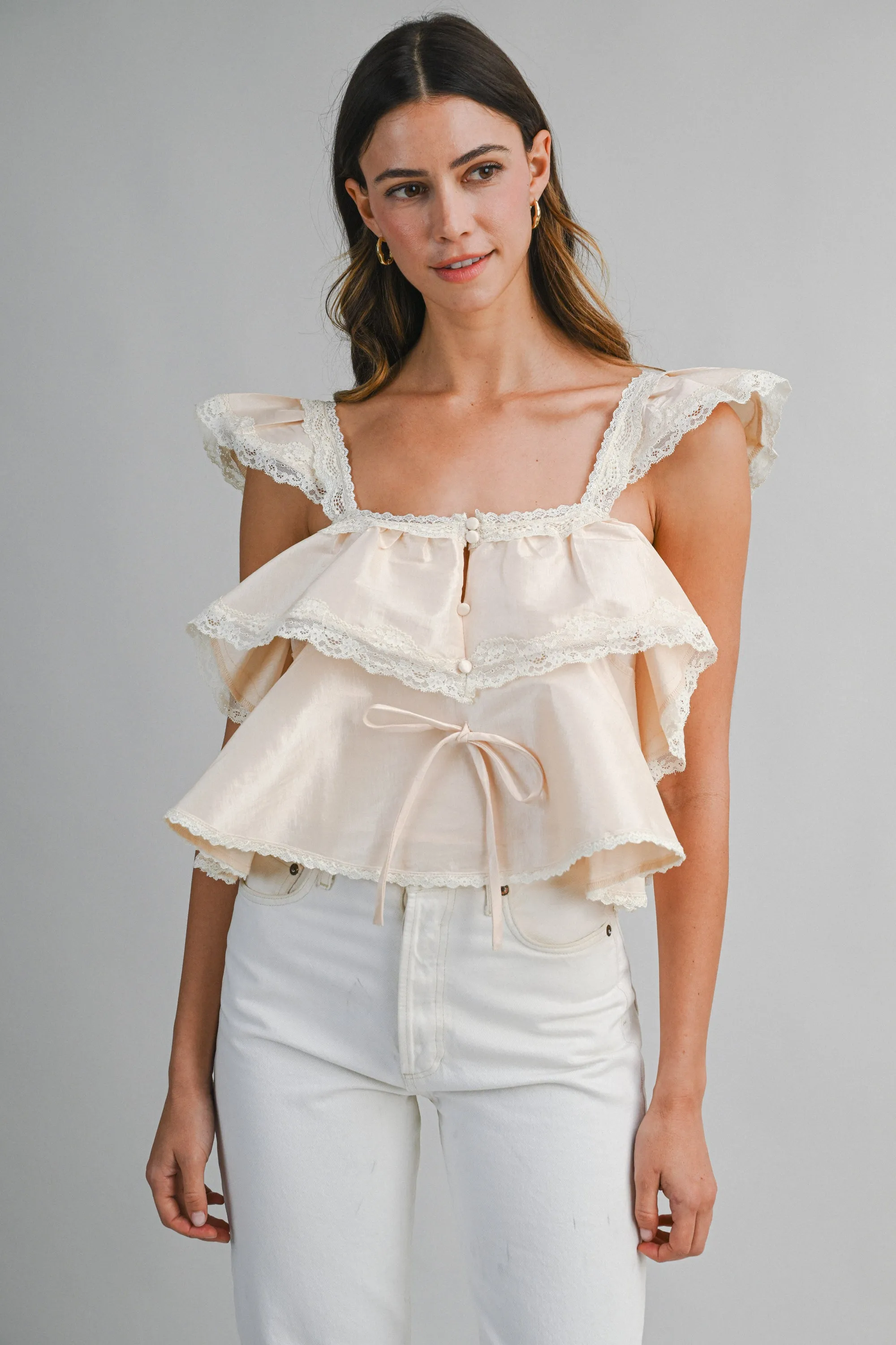 GENESIS LACE TRIMMED RUFFLE CROP TOP sold by MABLE