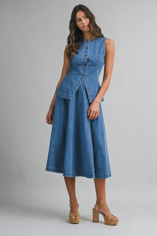 MADALYN DENIM VEST AND MIDI SKIRT made by MABLE