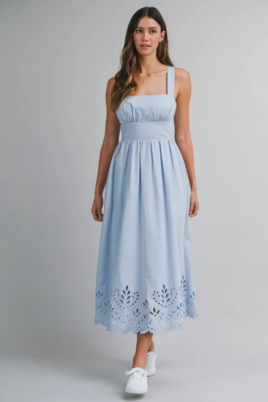 CLAIRISSA LINEN BORDER EYELET MIDI DRESS made by MABLE