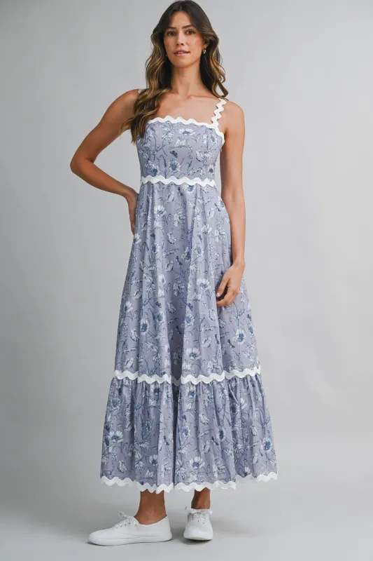 EAMON FLORAL PRINTED RIC RAC TRIM MAXI DRESS made by MABLE