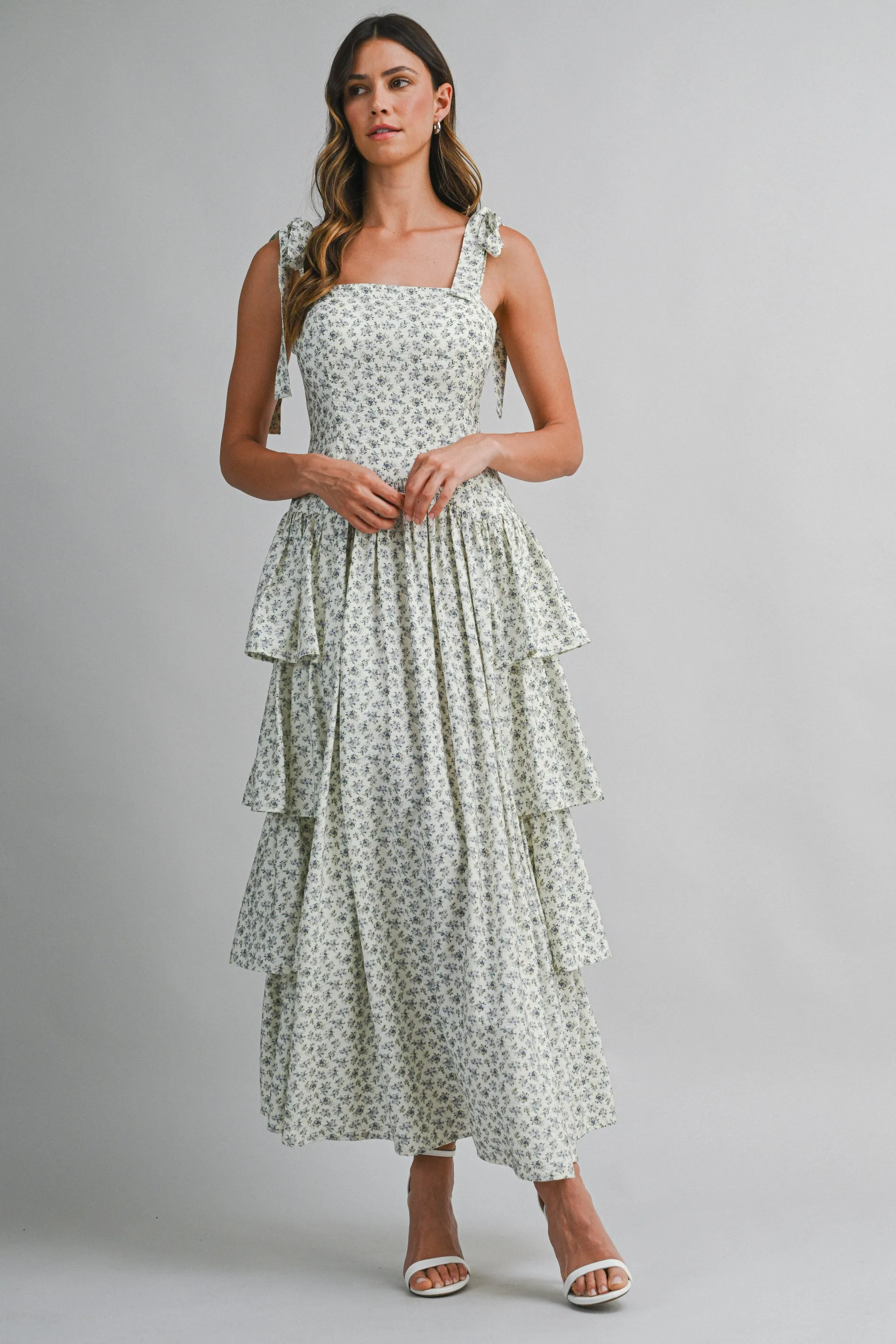 JENOVA FLORAL PRINTED SIDE RUFFLE MIDI DRESS sold by MABLE