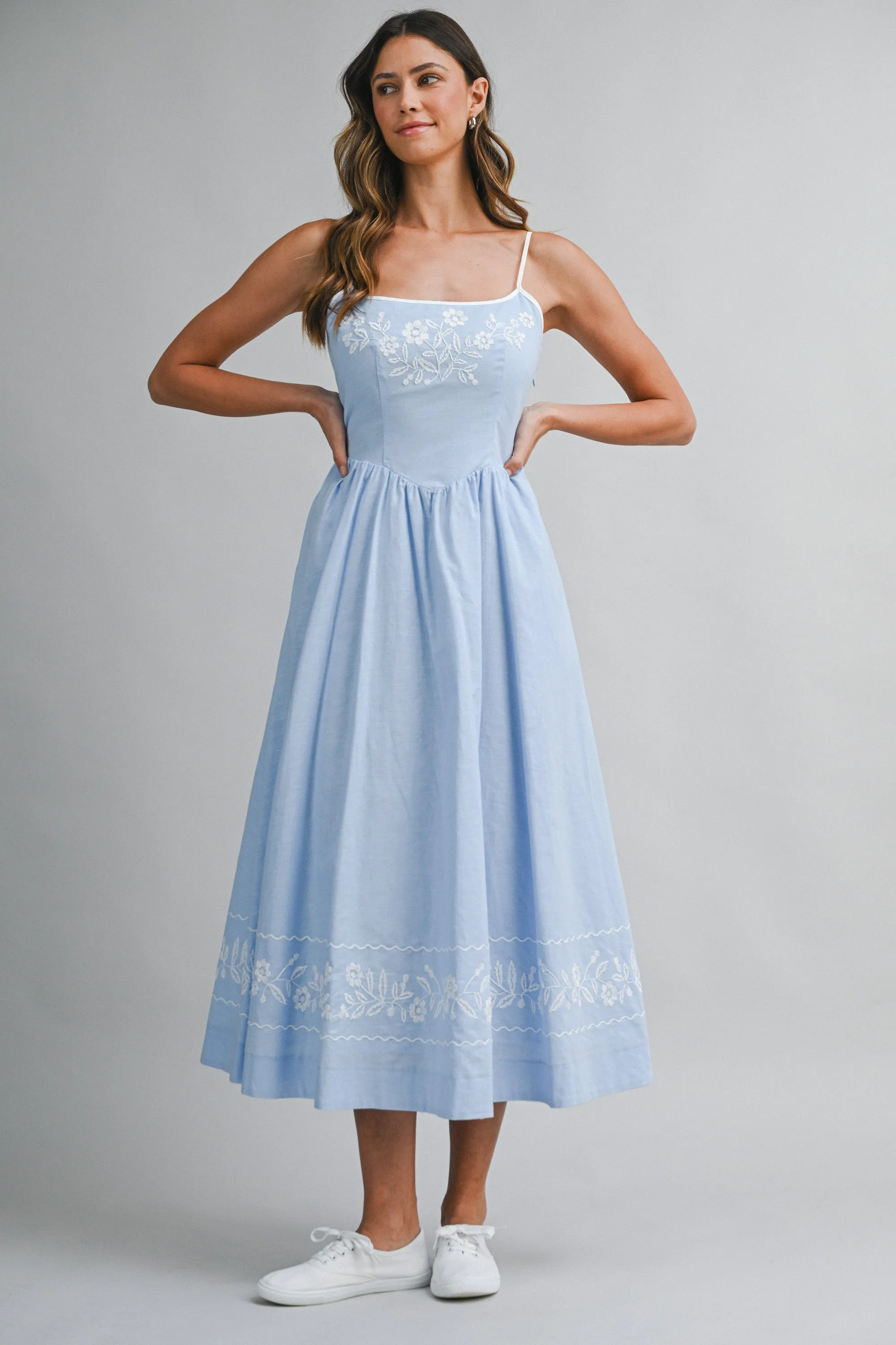 GLORIANA LINEN EMBROIDERED BACK TIE MIDI DRESS sold by MABLE product image thumbnail 2