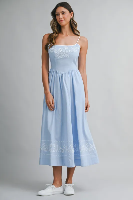 GLORIANA LINEN EMBROIDERED BACK TIE MIDI DRESS made by MABLE