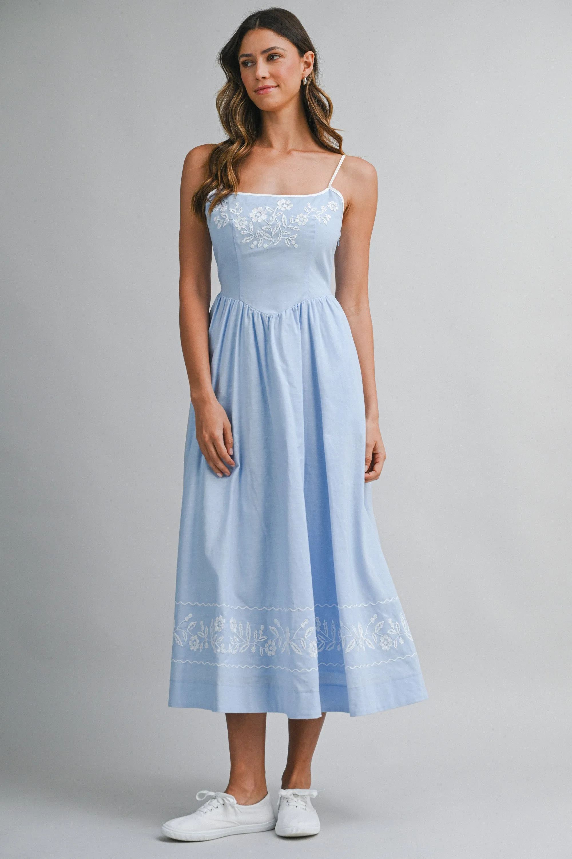 GLORIANA LINEN EMBROIDERED BACK TIE MIDI DRESS sold by MABLE