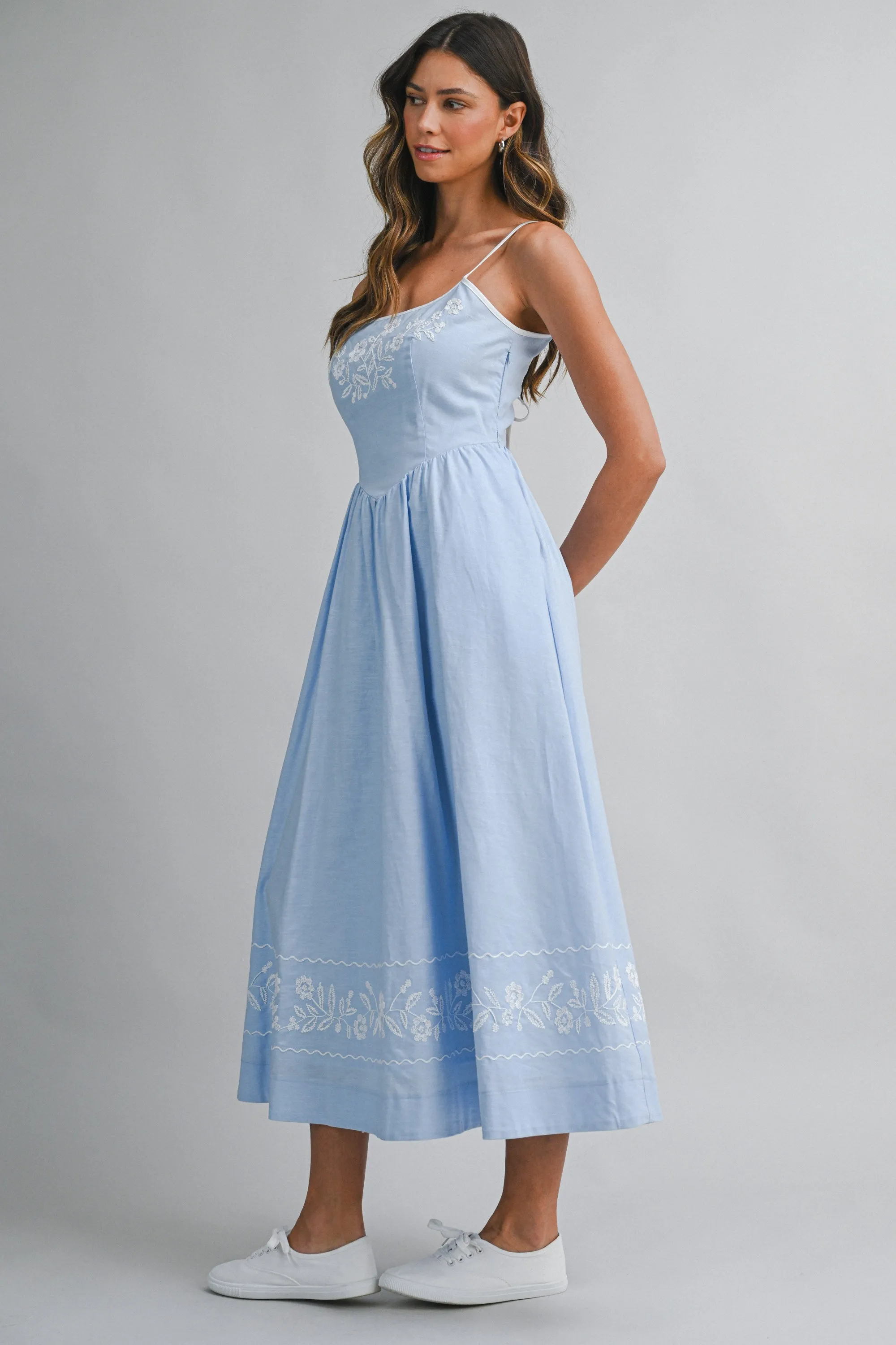 GLORIANA LINEN EMBROIDERED BACK TIE MIDI DRESS sold by MABLE product image thumbnail 3