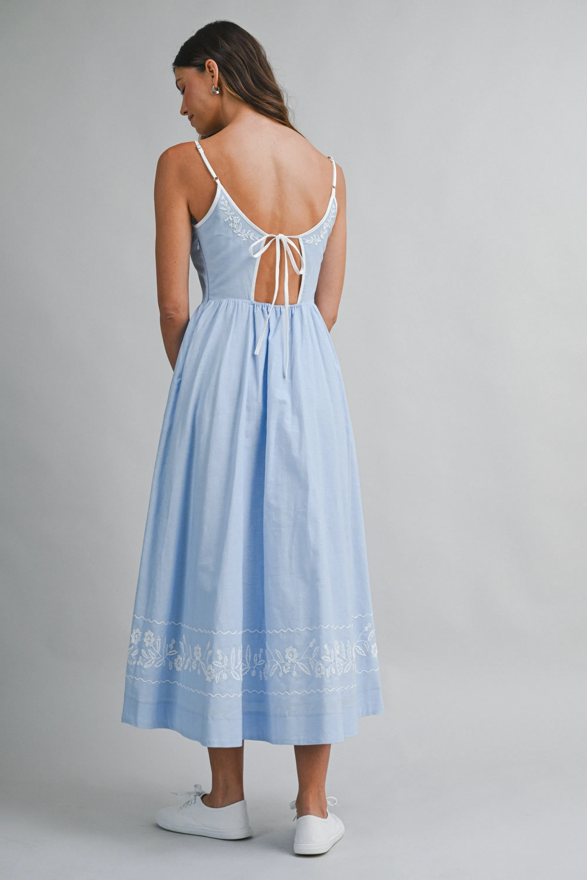 GLORIANA LINEN EMBROIDERED BACK TIE MIDI DRESS sold by MABLE product image thumbnail 4