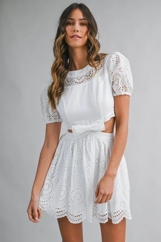 ZALENA EMBROIDERED MINI DRESS WITH RIBBON made by MABLE