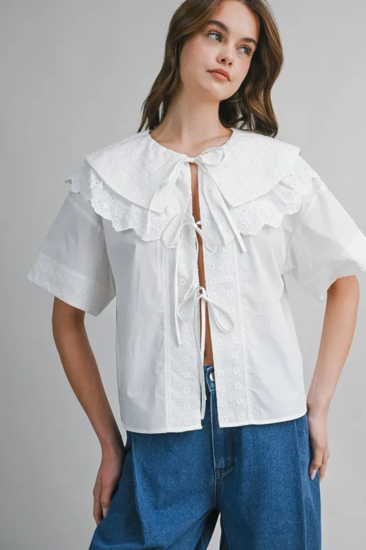 PAISLEE EYELET TIE FRONT SHIRT made by MABLE