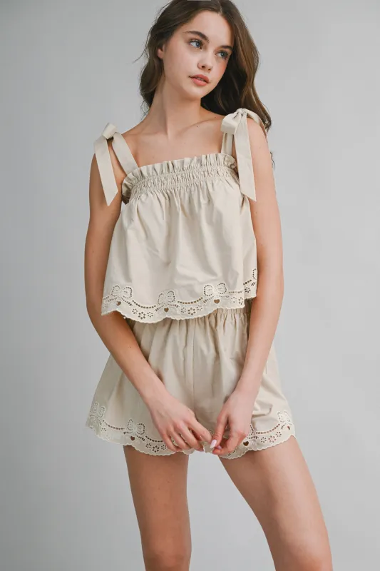 LAURYN EYELET BORDER TIE SHOULDER TOP AND SHORTS SET made by MABLE