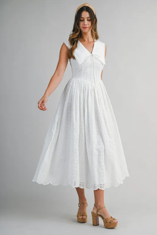 PALOMA BIB COLLAR EYELET MIDI DRESS made by MABLE