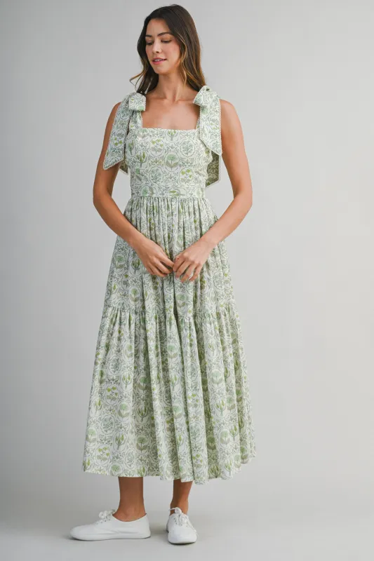 JULIET PRINTED SHOULDER TIE MIDI DRESS made by MABLE
