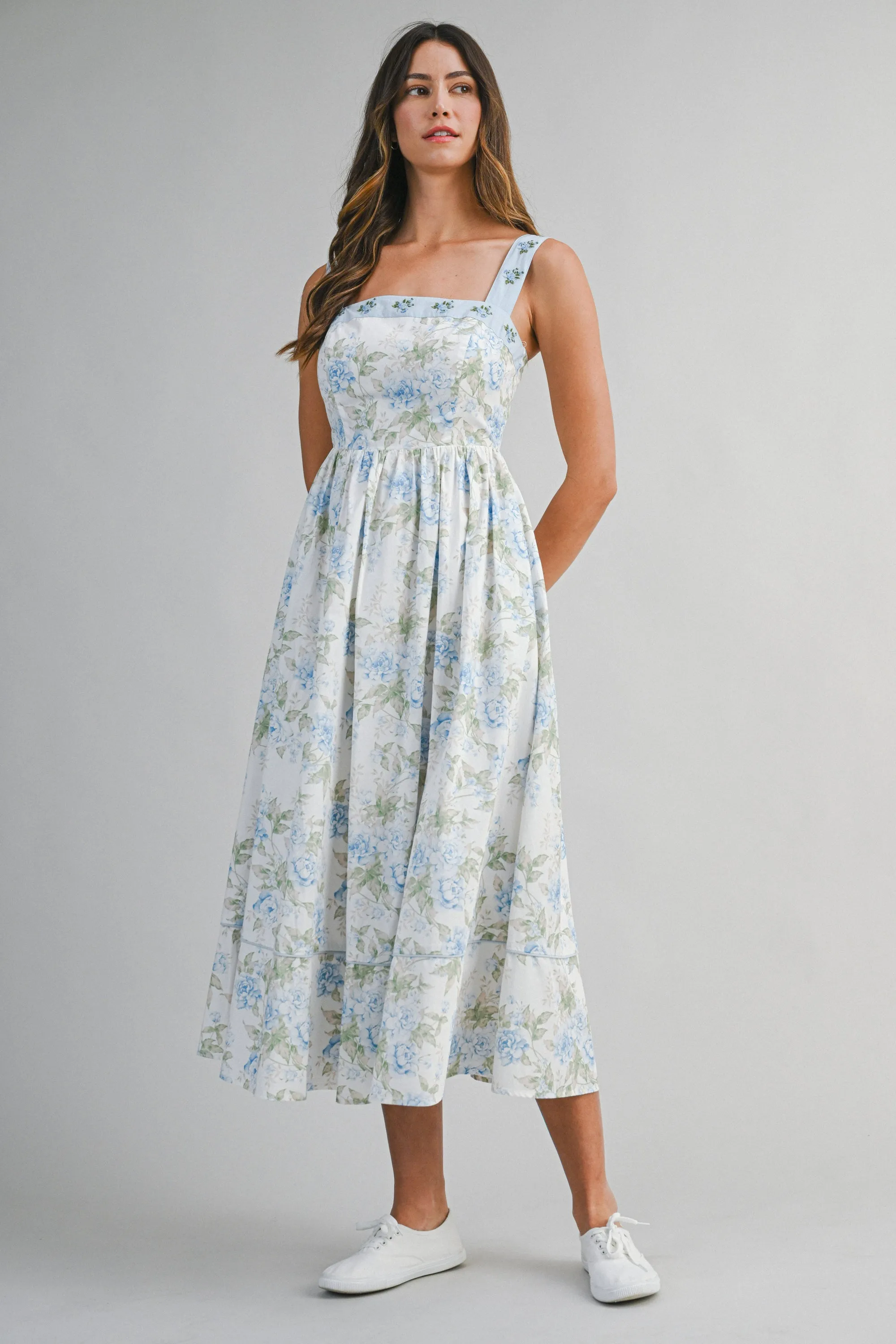 KYLEIGH FLORAL PRINTED EMBROIDERED BAND MIDI DRESS sold by MABLE
