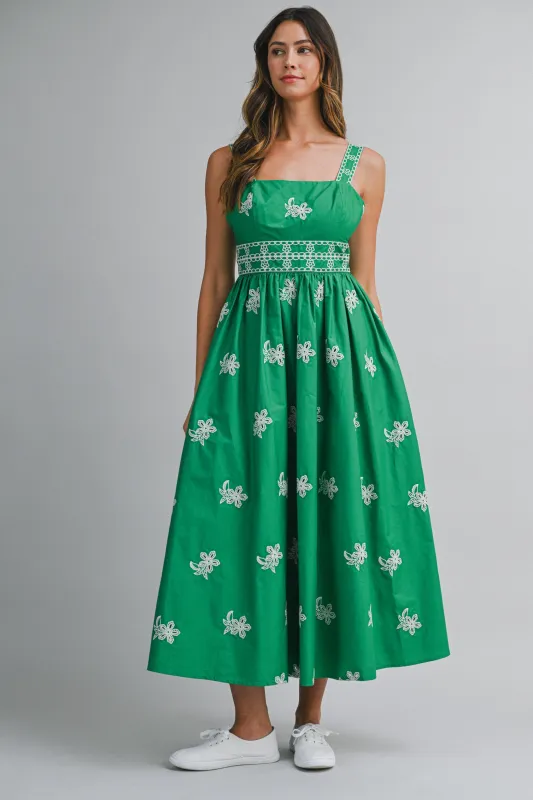 ALEXIS EMBROIDERED STRAP SHOULDER MIDI DRESS made by MABLE