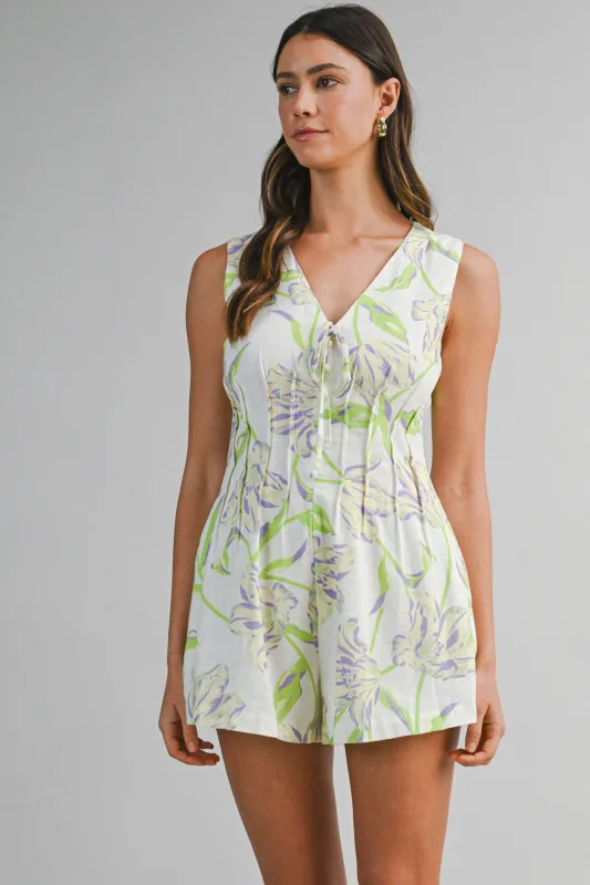 RAON LINEN PRINTED SLEEVELESS ROMPER made by MABLE