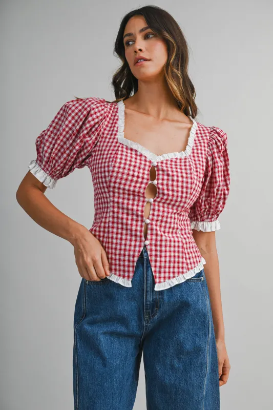 MAVIS PLAID PUFF SLEEVES CONTRAST TOP made by MABLE