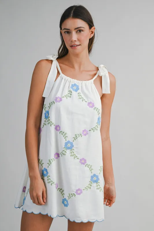 BIRDIE FLORAL EMBROIDERED MINI DRESS made by MABLE