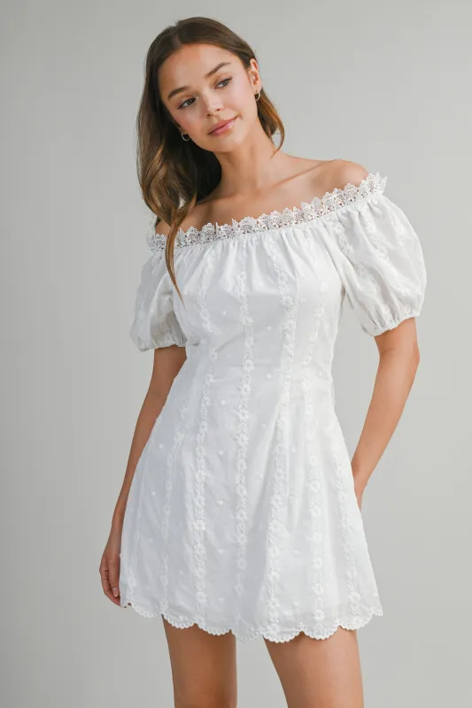 GABRIELLE EMBROIDERED OFF SHOULDER MINI DRESS made by MABLE