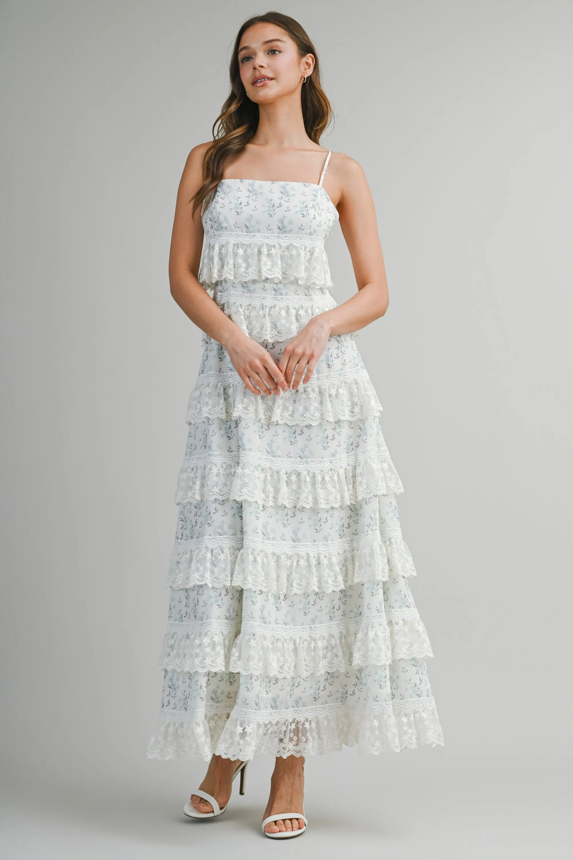 POPPY EMBROIDERED LACE RUFFLE MIDI DRESS sold by MABLE