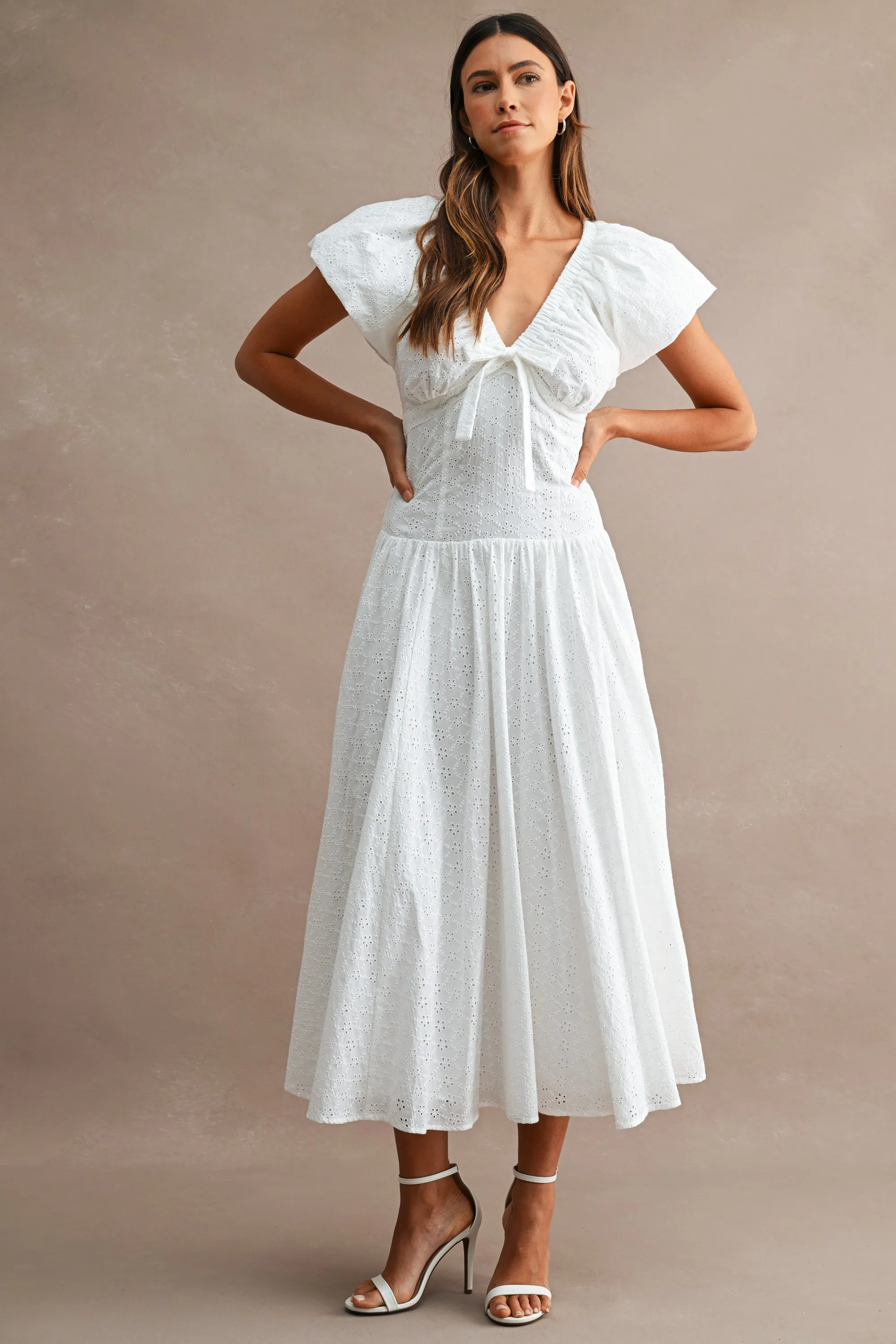 LESLIE EYELET PUFF SLEEVES MIDI DRESS sold by MABLE