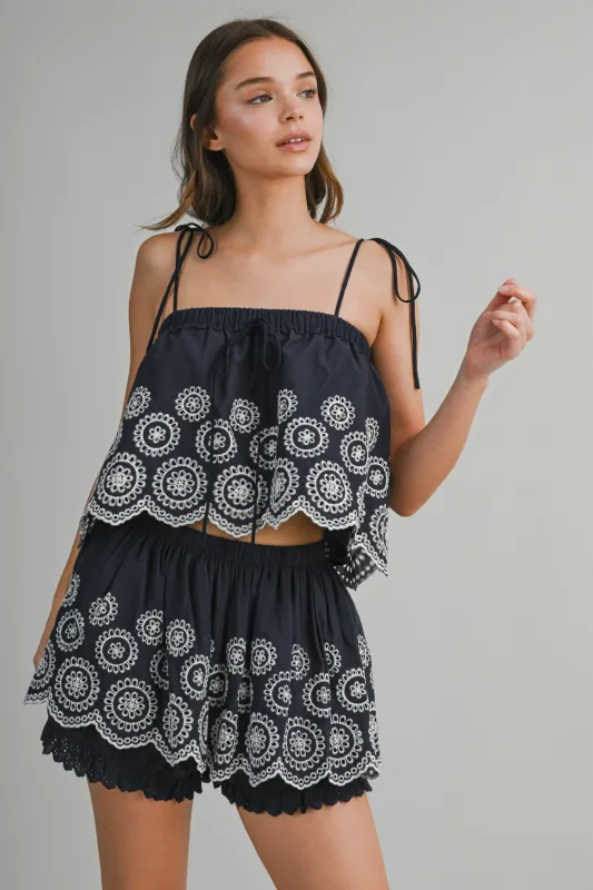 MARLEY EYELET SCALLOP HEM TOP AND SKORT SET made by MABLE
