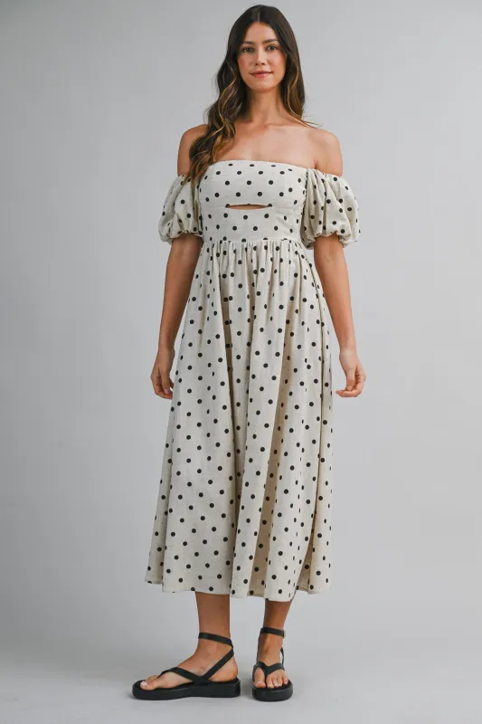 ARIJIN LINEN POLKA DOT OFF SHOULDER MIDI DRESS made by MABLE