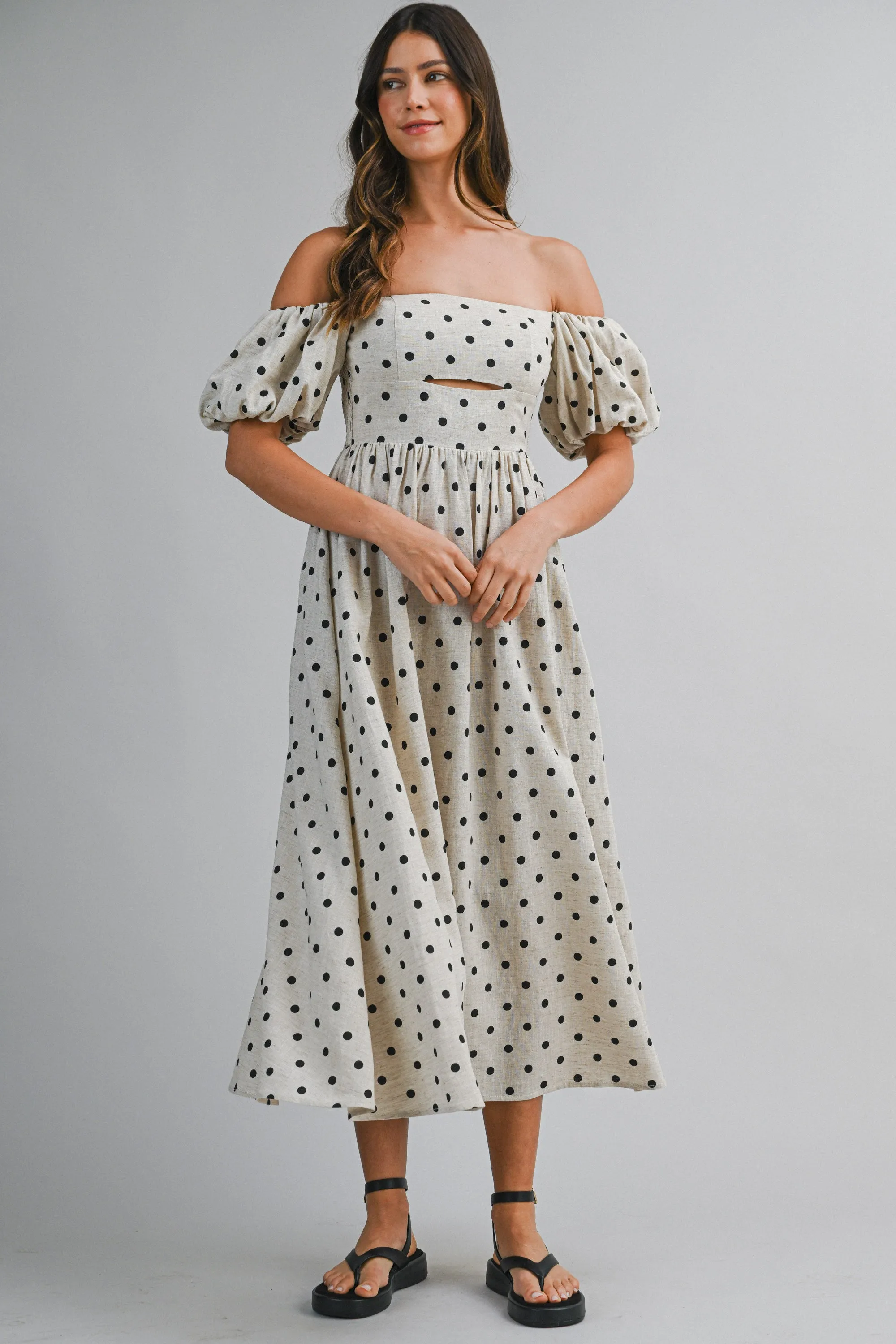 ARIJIN LINEN POLKA DOT OFF SHOULDER MIDI DRESS sold by MABLE product image thumbnail 2