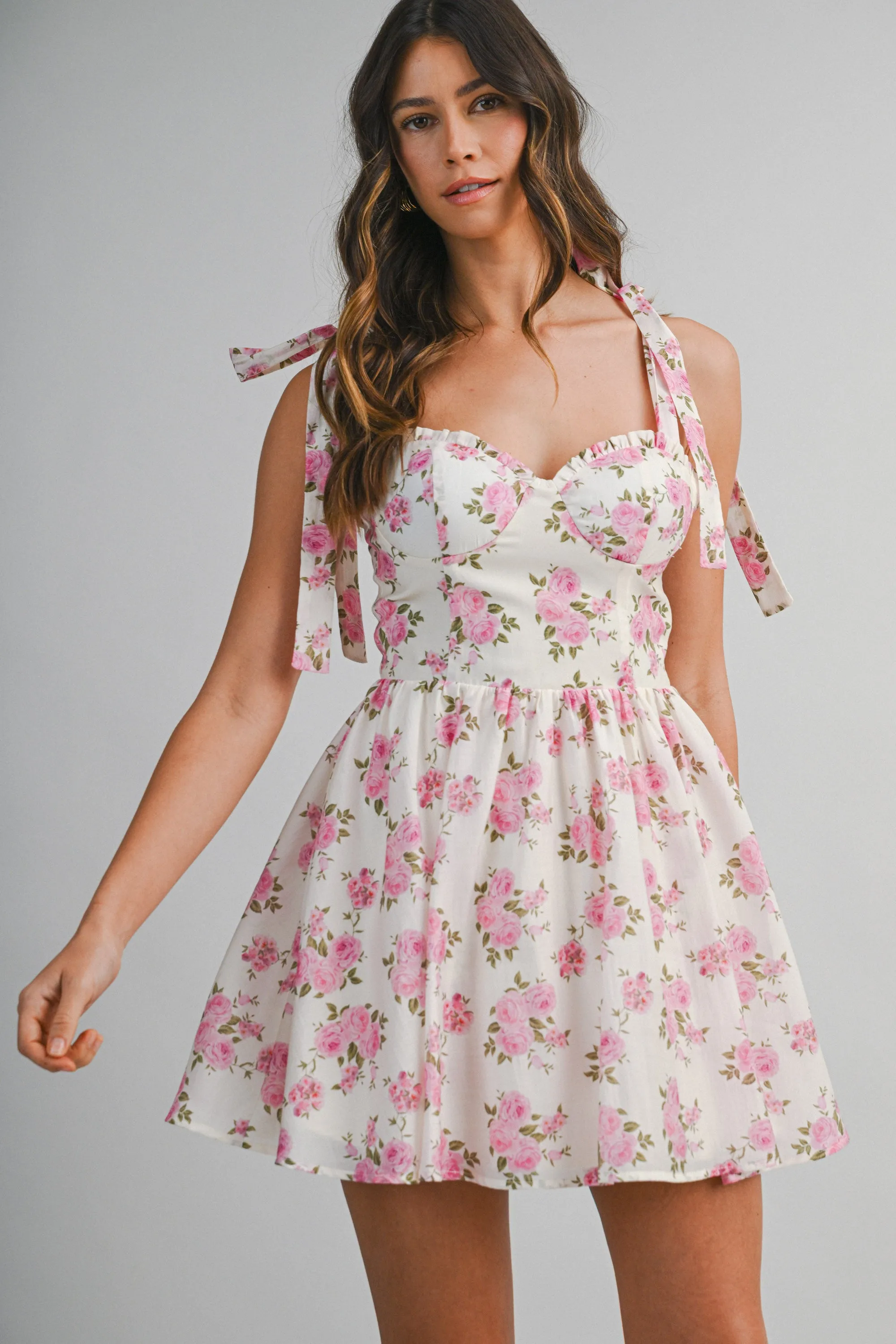 LOGAN FLORAL PRINTED TIE SHOULDER MINI DRESS sold by MABLE