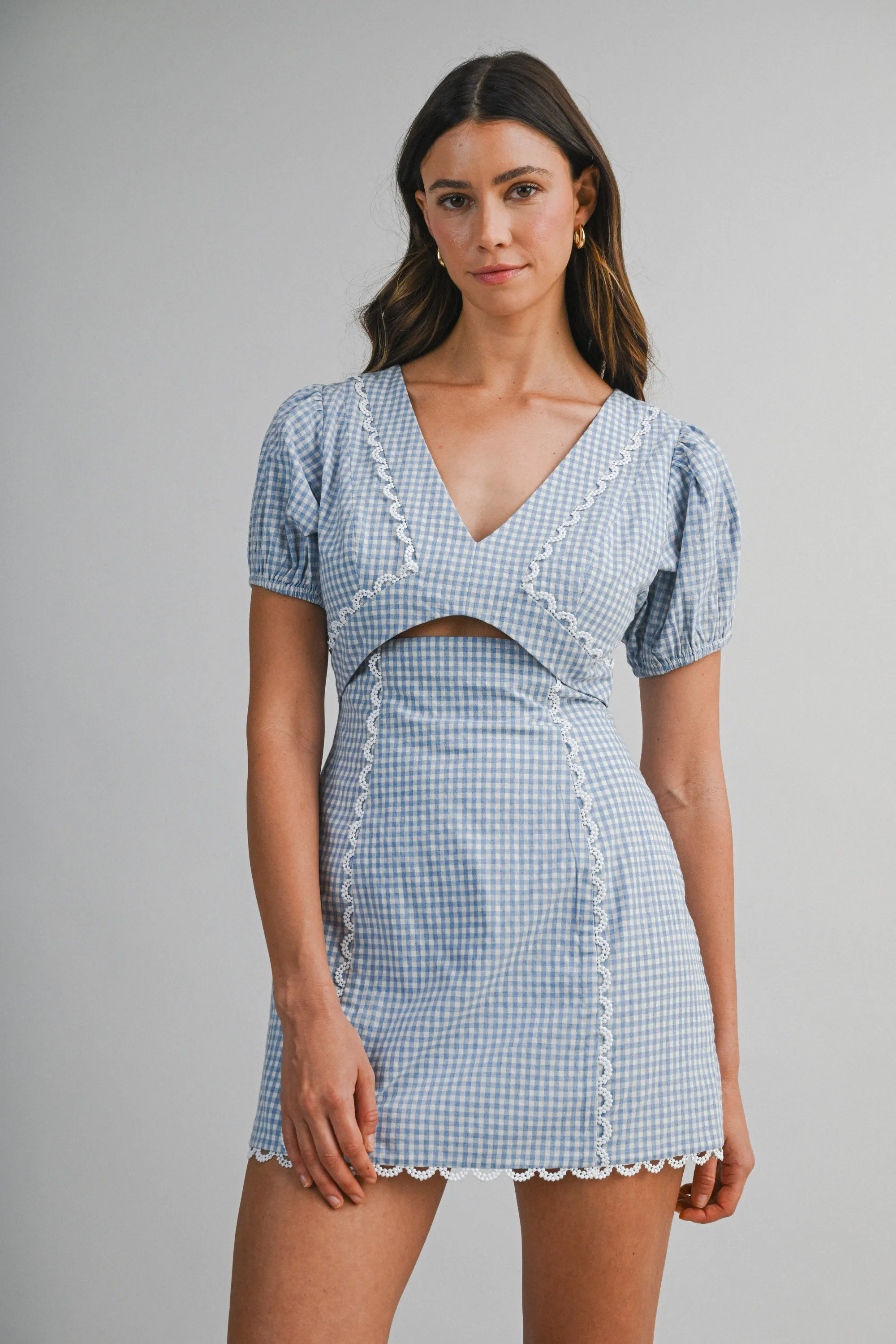 LILLIANNA GINGHAM TRIM DETAILED MINI DRESS sold by MABLE