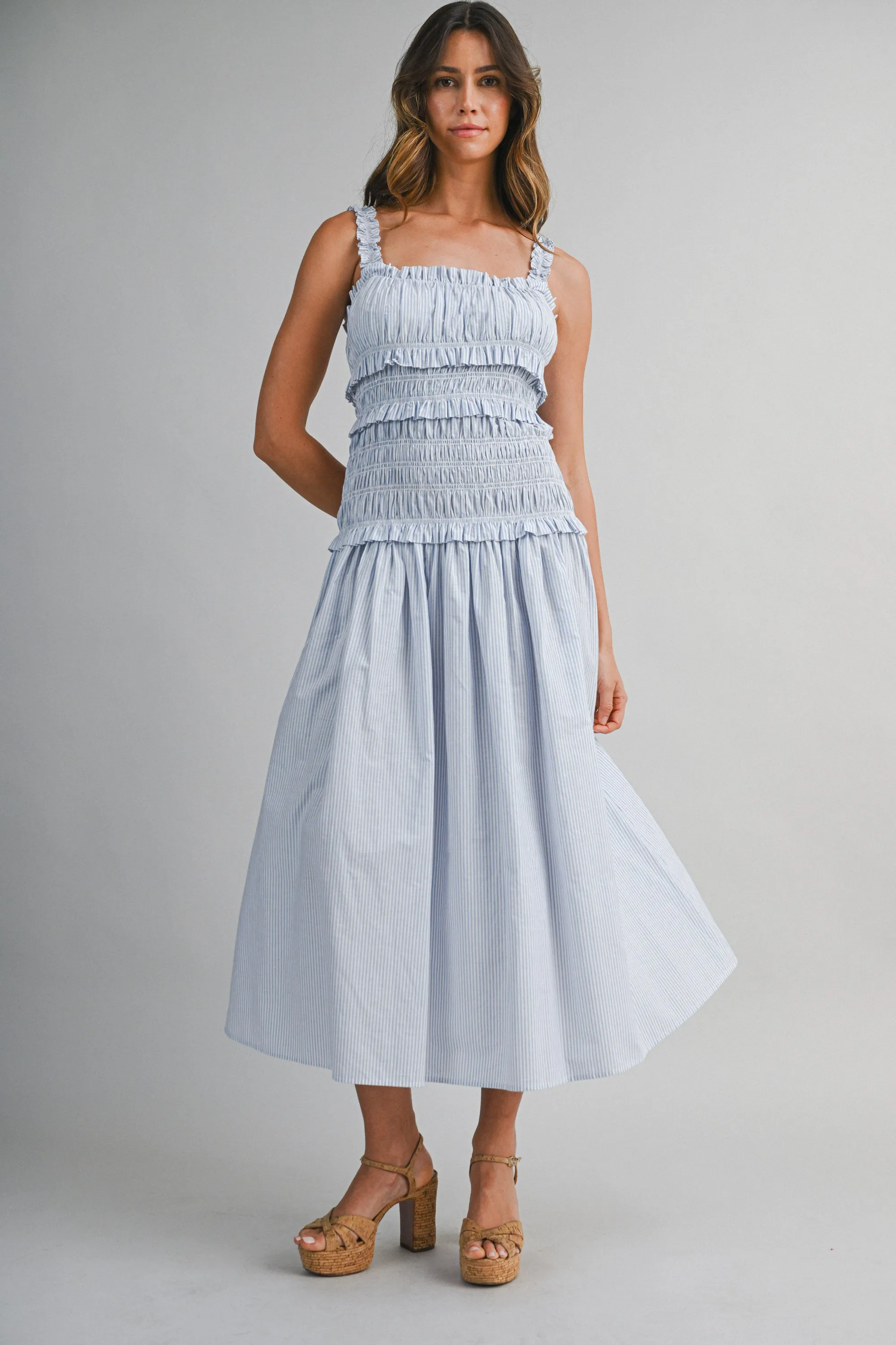 AIDA PIN STRIPE RUCHED BOCIDE MIDI DRESS sold by MABLE