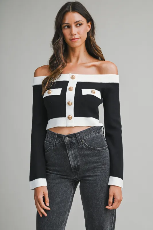 RUBY OFF SHOULDER KNIT TOP WITH BUTTON DETAIL made by MABLE