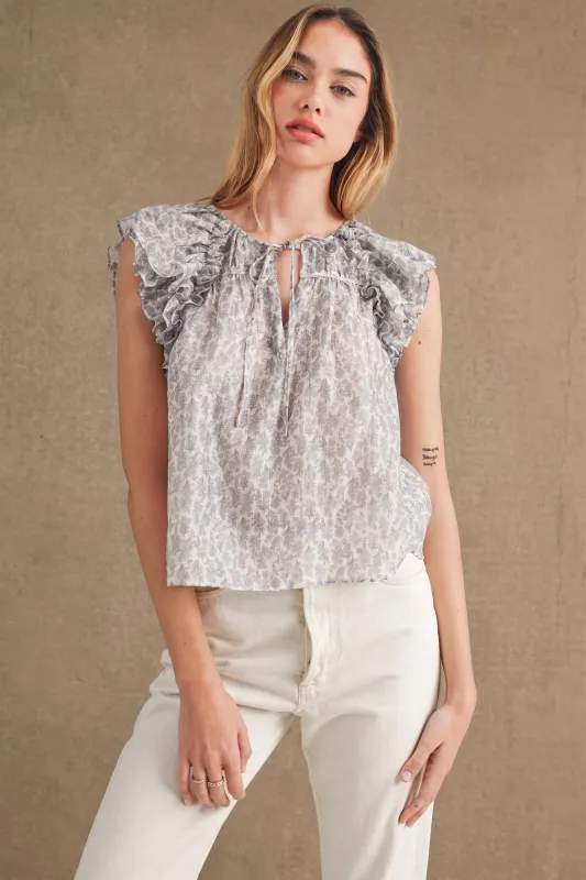 JANELLE DITZY FLORAL PRINT RUFFLE SLEEVE TOP made by MABLE