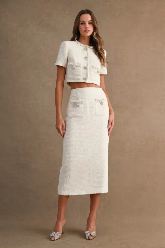 GWEN JEWEL TRIM TWEED JACKET AND MIDI SKIRT SET made by MABLE