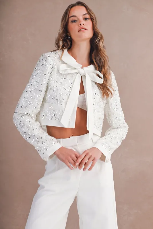 MARIE FLORAL SEQUIN BOW FRONT TIED BLAZER made by MABLE