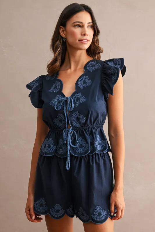 JAINA EMBROIDERED SCALLOP TOP AND SHORTS SET made by MABLE