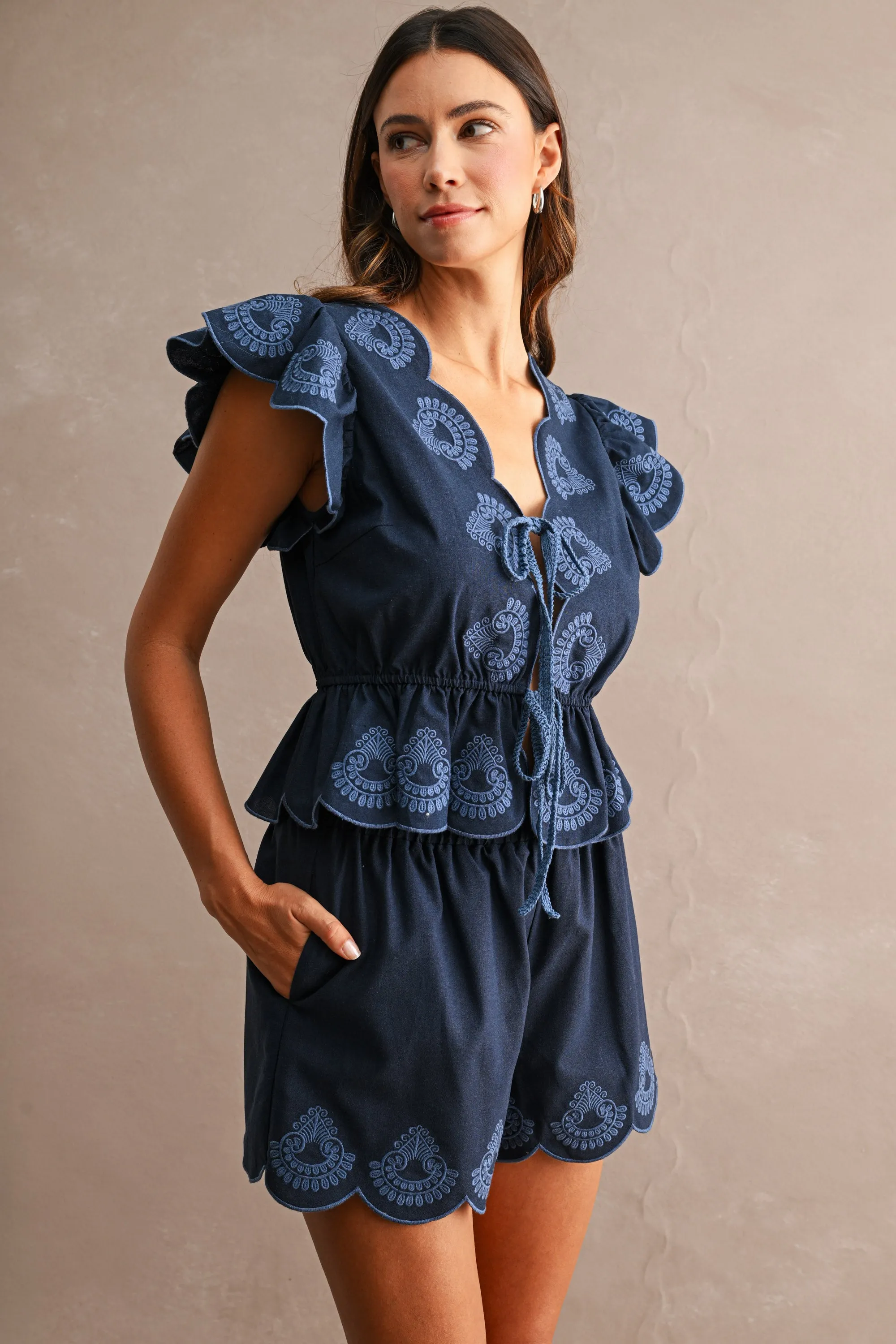JAINA EMBROIDERED SCALLOP TOP AND SHORTS SET sold by MABLE product image thumbnail 2
