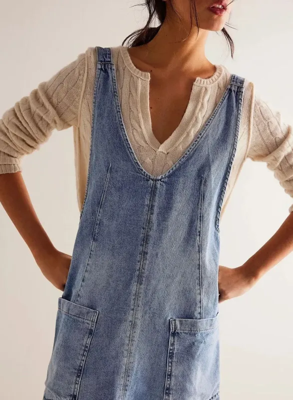 Denim scoop neck overall dress sold by Miss Sparkling