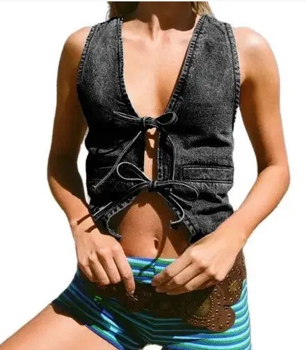 Denim Front tie vest sold by Miss Sparkling