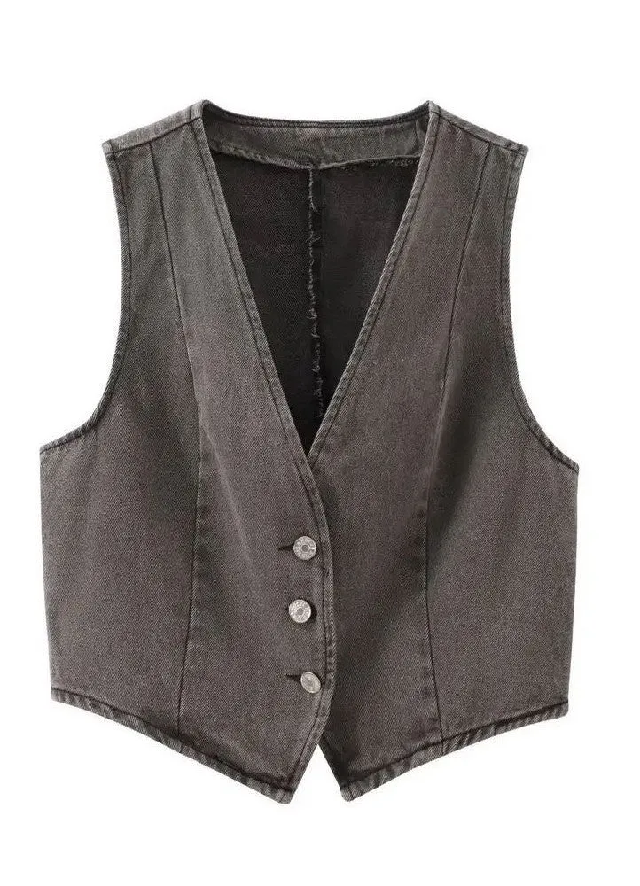 Cropped button front denim vest sold by Miss Sparkling