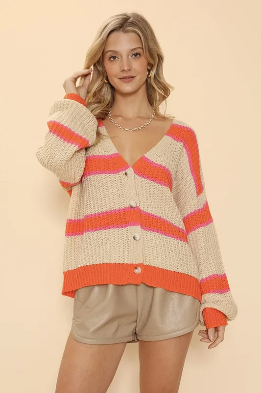 Striped ribbed knit button front cardigan made by Miss Sparkling