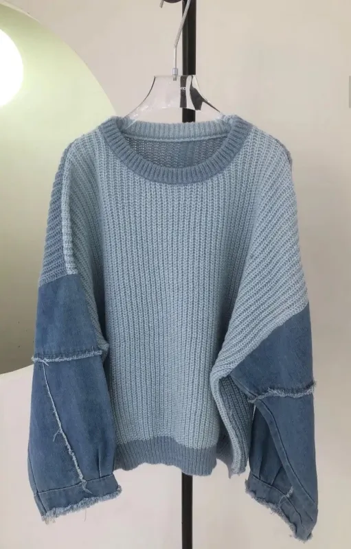 Denim sleeve knit sweater sold by Miss Sparkling