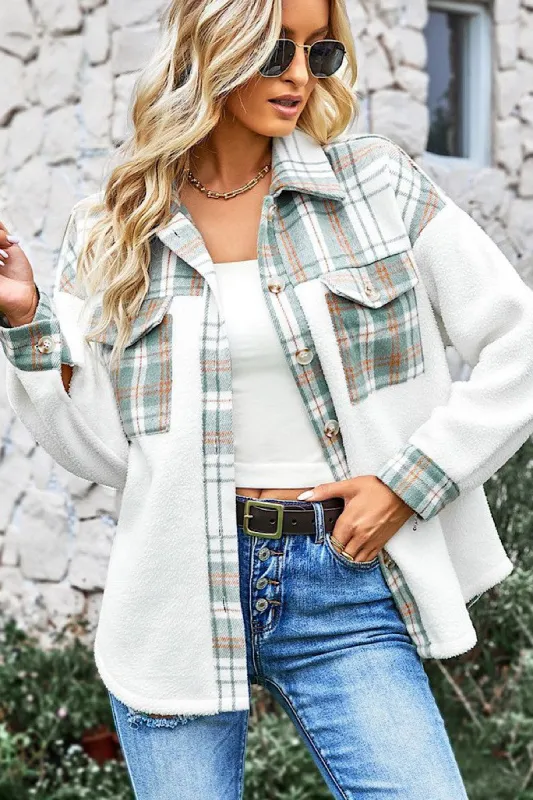 Fuzzy jacket with plaid detail sold by Miss Sparkling