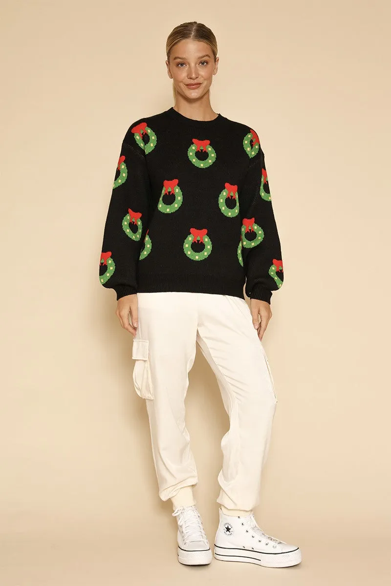 All over wreath holiday knit sweater sold by Miss Sparkling product image thumbnail 3