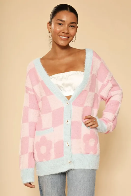Fuzzy retro flower checkered knit cardigan sold by Miss Sparkling